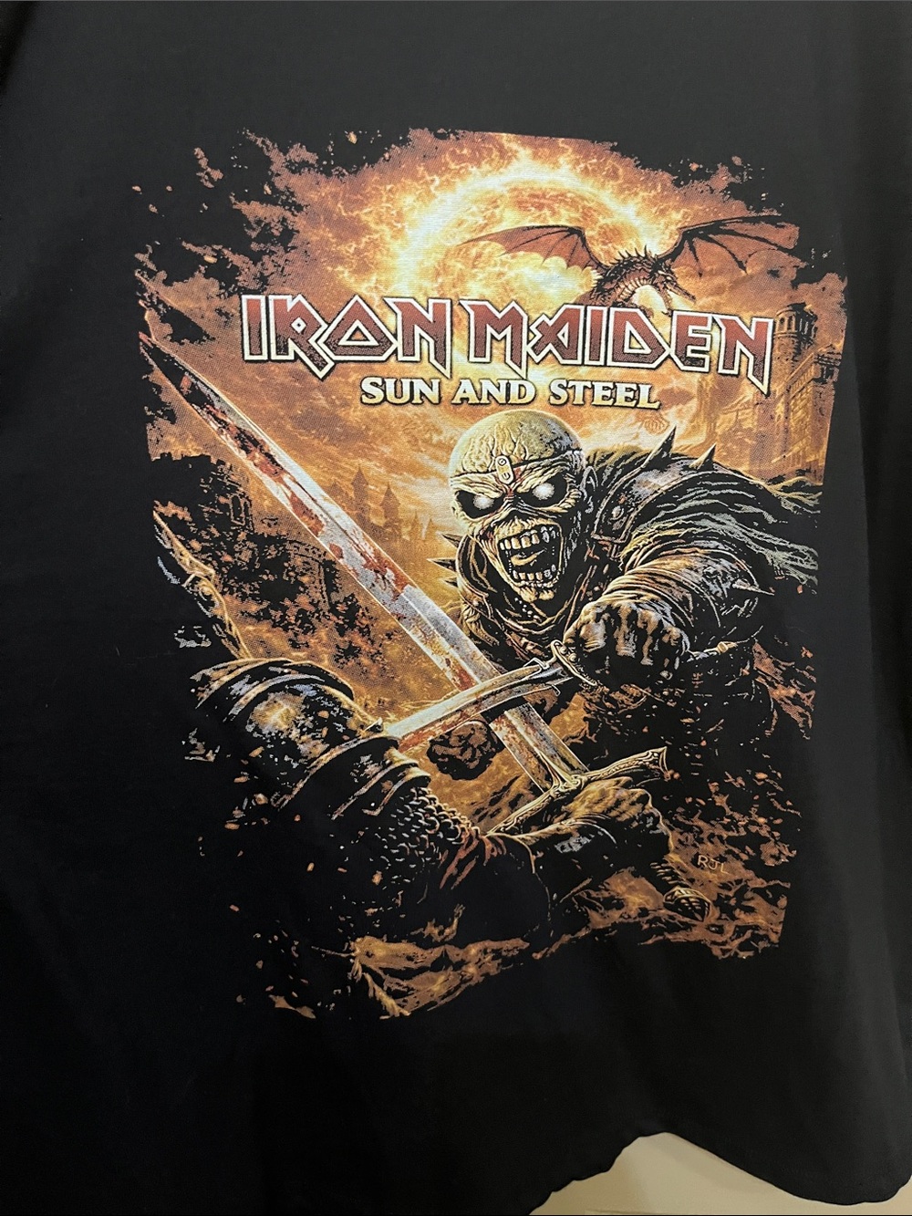 Iron Maiden Sun and Steel Short Sleeve Tee - Black with Gold Graphic